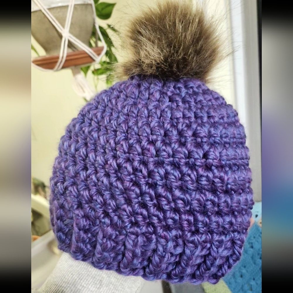 Handmade Chunky Crochet Prism Purple Adult Size Beanie Hat